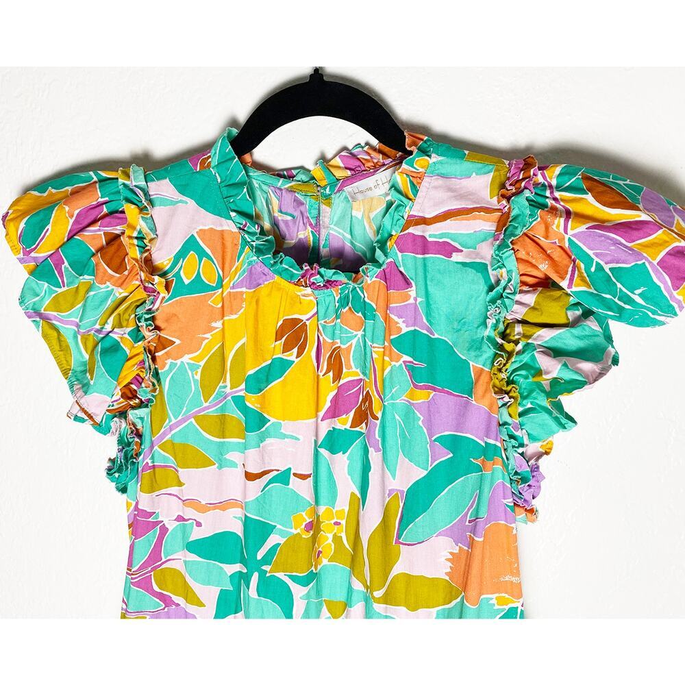 House of Harlow 1960 Women's Tired Ruffle Mini Dress Coltraihe Green Tropical - Picture 4 of 11